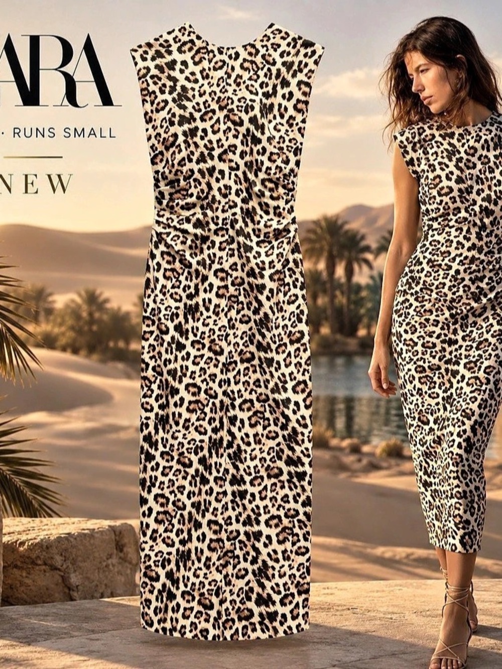 Zara Animal Print Textured Midi Dress Brown & Black Large ( more like a medium)